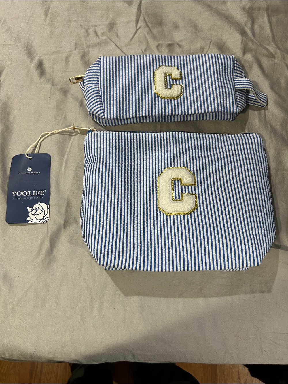 Yoolife Blue & White Striped women’s Travel Pouch Set with Letter C